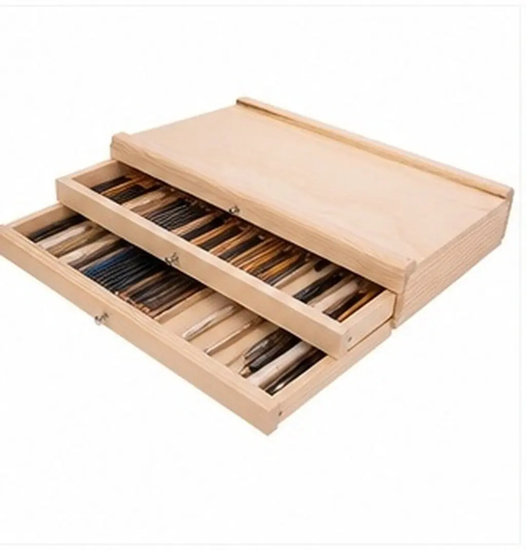 Wooden Paint Brush Storage Container Smooth Surface Pen Organizer Multi Layer Drawer Desktop Pencil Brush Holder Art Tool