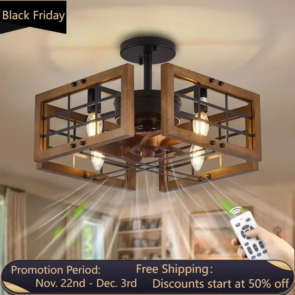 Wooden embedded ceiling fan light and remote control, low and low ceiling fan in farmhouse, used for living room and bedroom