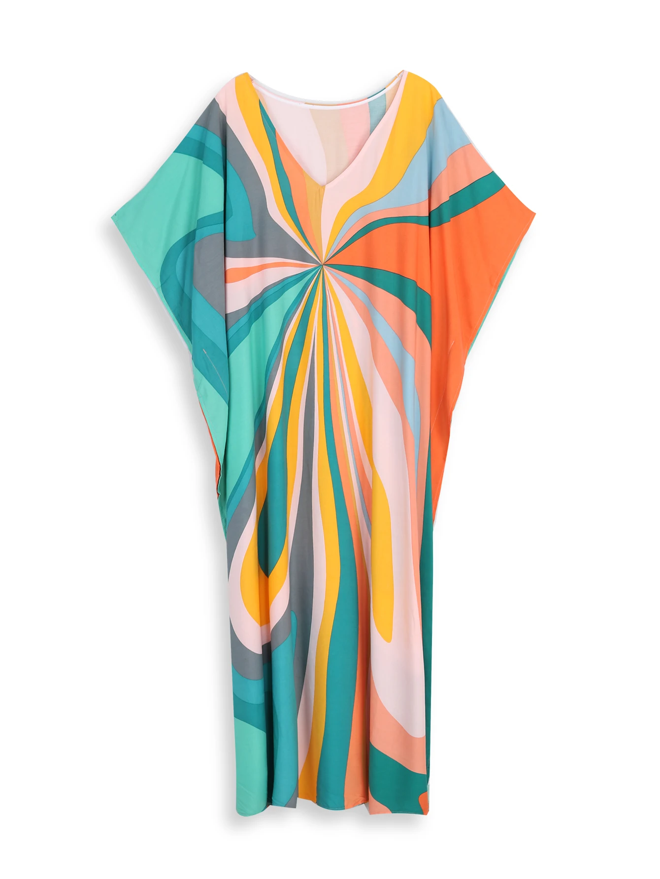 Multicolor Printed Fashionable V-neck Batwing Sleeve Kaftan Dress 2024 Woman Summer Lounge Around Oversized Maxi Dresses Q1546