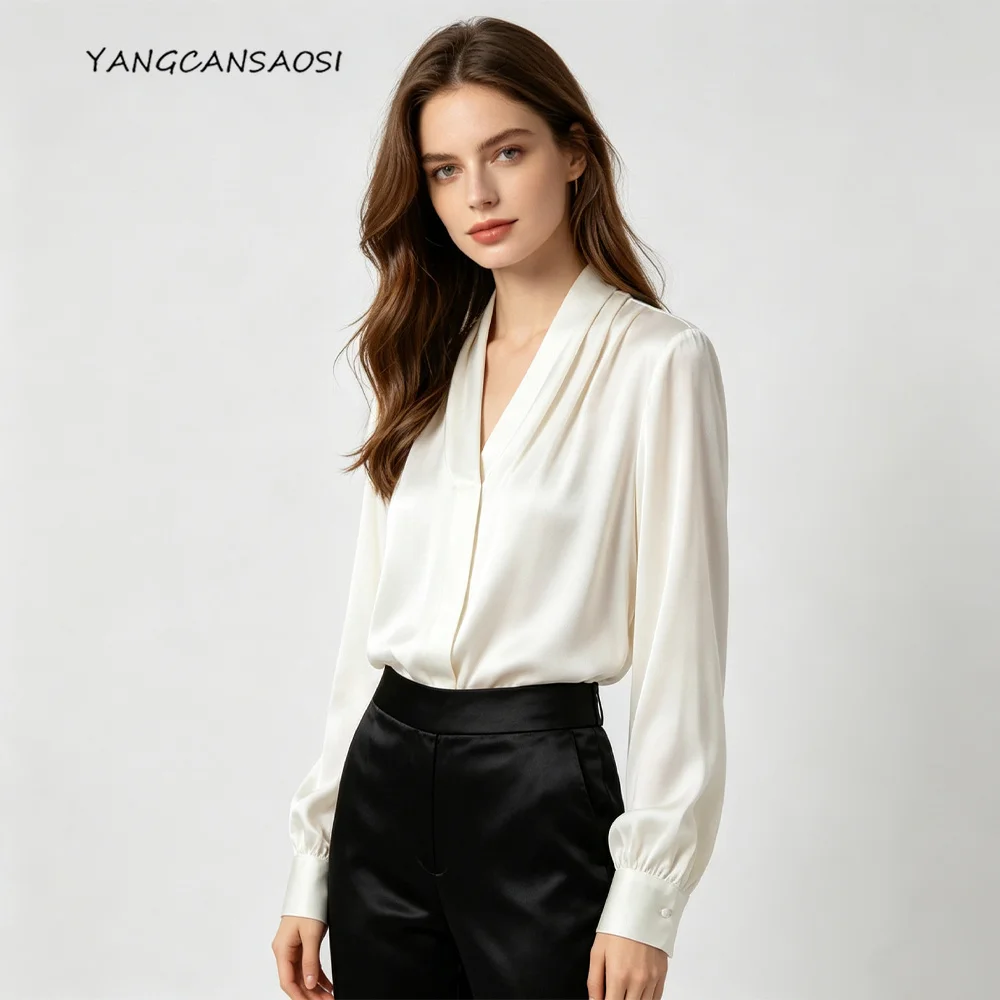 Camisa Blanca de Manga Larga con Cuello en V de Satén Qiao Doble Elástico de Seda de Morera 93% Natural, Nueva Colección de Otoño de Moda Femenina, Estilo Ligero y Lujoso