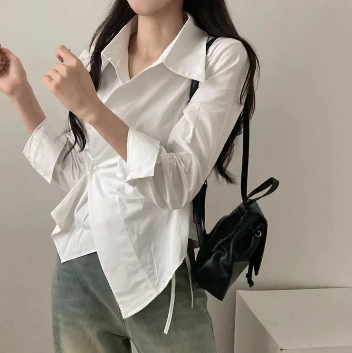 

2025 Elegant Striped Shirts Women Vintage Irregular White Blouses Ladies Korean Long Sleeve Chic Buttons Slim Design Tops New