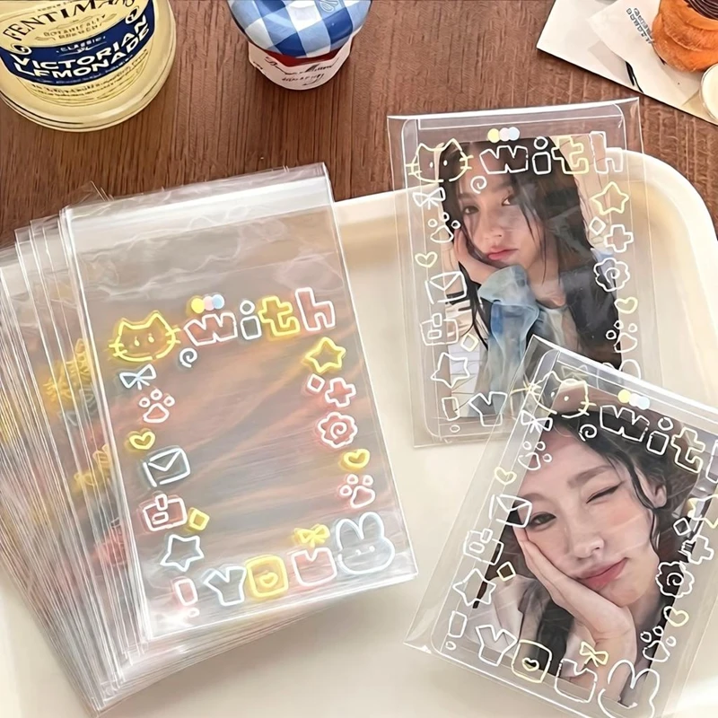 50-200Pcs Transparent Cute Graffiti Kitten Self-adhesive Opp Bag Kpop Idol Photo Cards Protective Storage Bag Photocard Sleeves