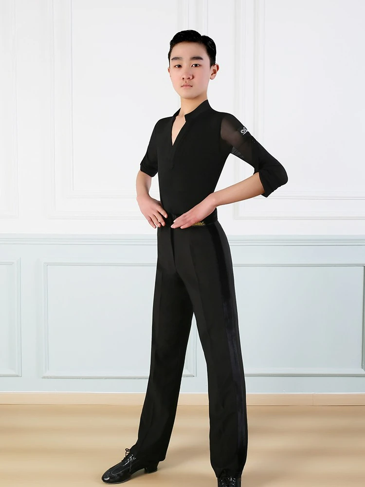 2024 جديد الاطفال الصبي اللاتينية أزياء رقص الأطفال طويلة الأكمام الخامس الرقبة قاعة الرقص التدريب الملابس تشا تشا رومبا Dancewear