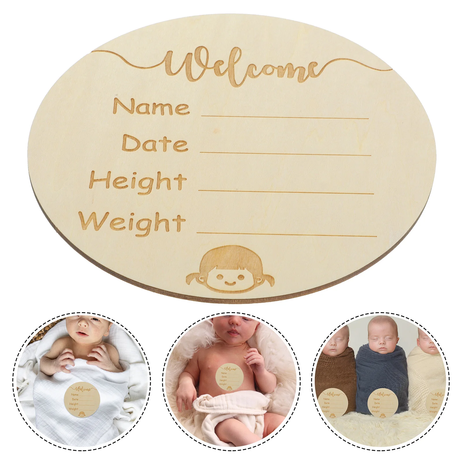 

Baby Birth Announcement Wooden Sign Cute Round Basswood Plywood for Nursery Home Decor Newborn Name Sign Bulletin Board