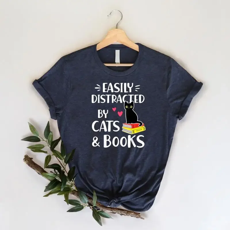 Easily Distracted By Cats And Books T Shirt Book Lover For Librarian Cat Nerd