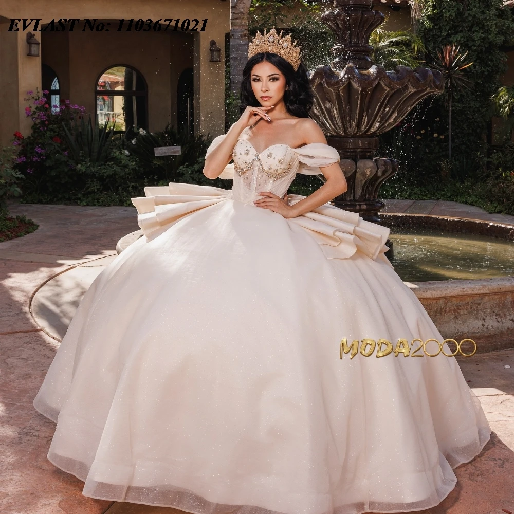 

EVLAST Glitter Ivory Quinnceanera Dress Ball Gown Shiny Applique Beaded Tiered Mexico Corset Sweet 16 Vestidos De 15 Anos SQ573