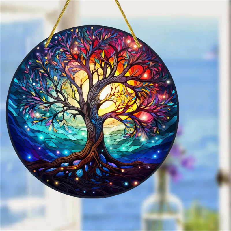 Tree of Life Sign Suncatcher Wall Sign Round Dyed Acrylic Window Hanging with Metal Chain for Home Room Decor Gift for Friends