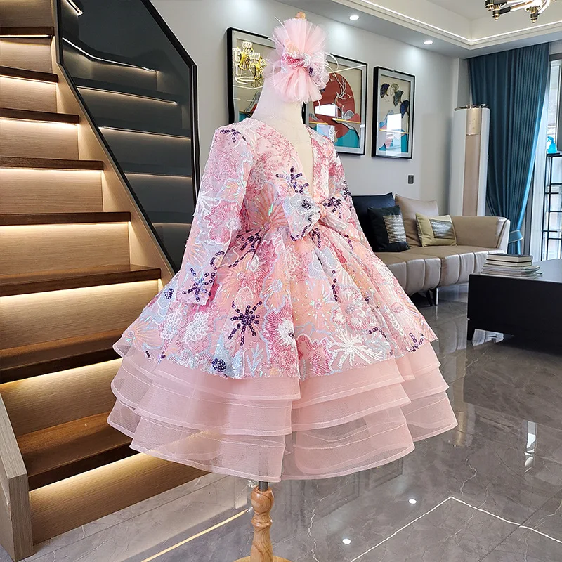 Vestido de noite curto de lantejoulas infantil, vestidos de princesa fofos, vestidos de festa infantil, luxo, 2022