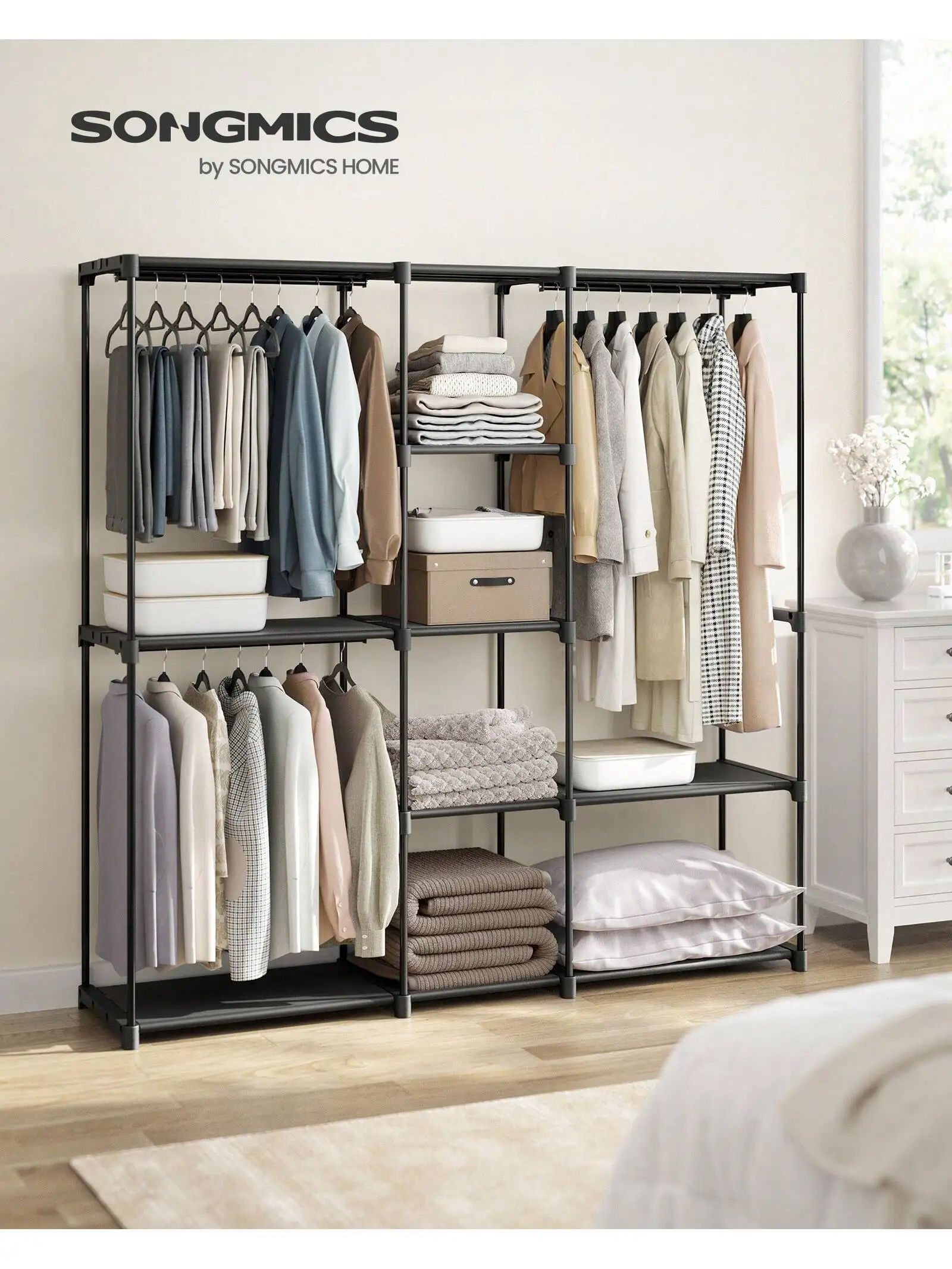 SONGMICS Portable Open Wardrobe: 43x182x182cm, Clothes Rack, Freestanding with Rails, Fabric Shelves, Black, Bedroom.