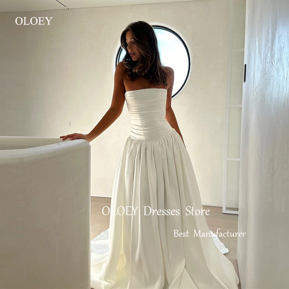 

OLOEY Simple Soft Satin A Line Wedding Dresses Vestido de noiva Strapless Sweep Train Bridal Gowns Plus Size Plain Mariage