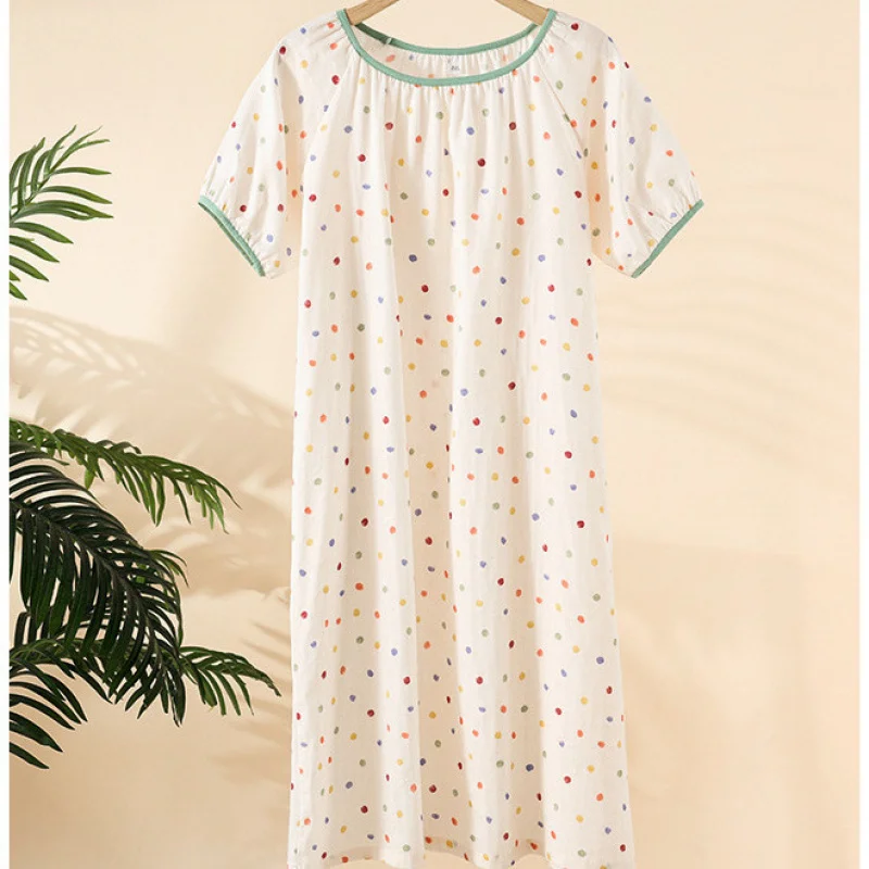 1pc Women's Nightgown Casual Sweet Style 100% Cotton Gauze Polka Dot Round Neck Pullover Short Sleeve Midi Length Loose Lounge D