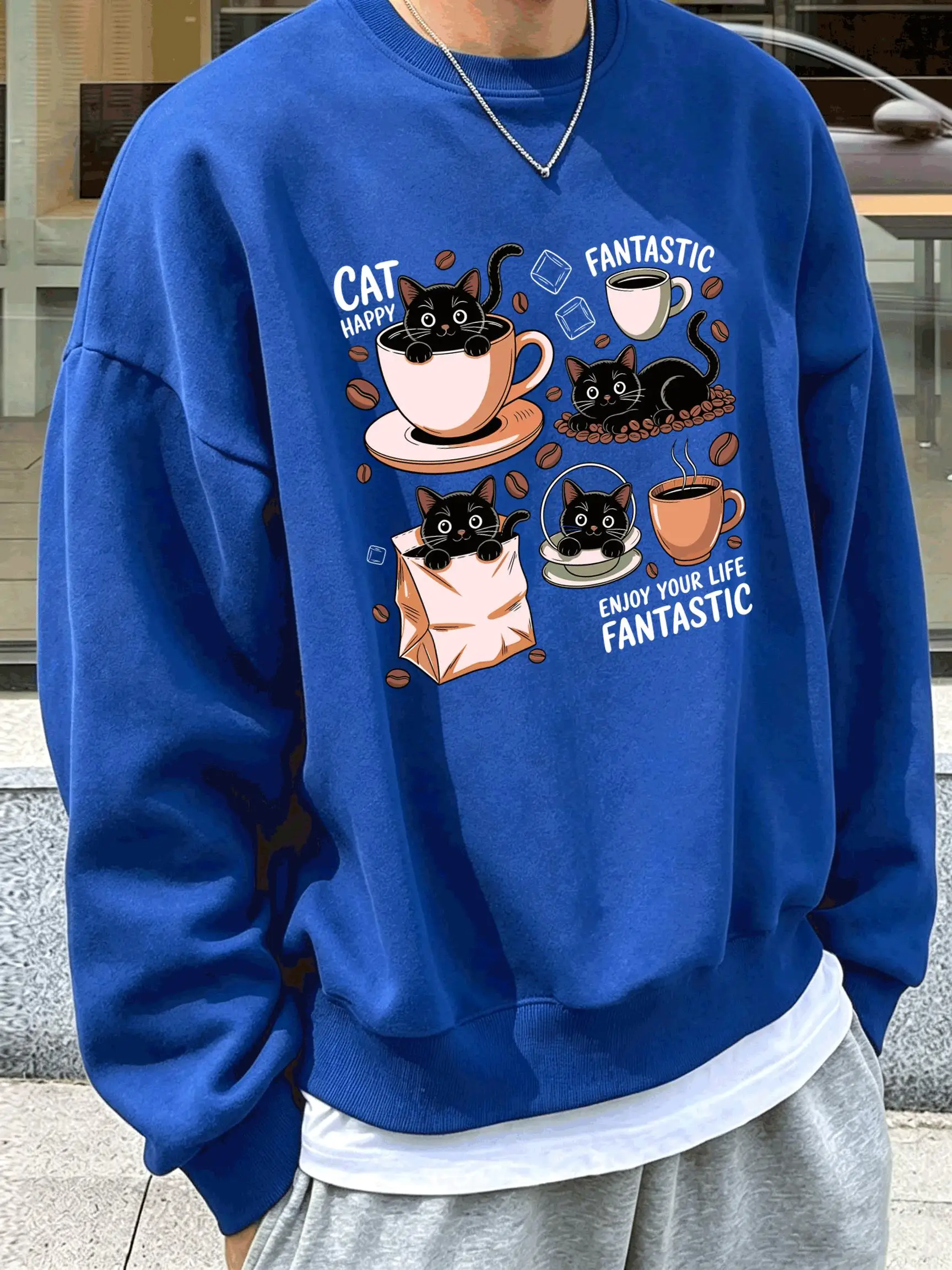 Enjoy Your Life Happy Coffee Cat Pattern Men'S Pullover Fleece Sweatshirt Loose Casual Clothes Autumn O-Neck Man Sportswear
