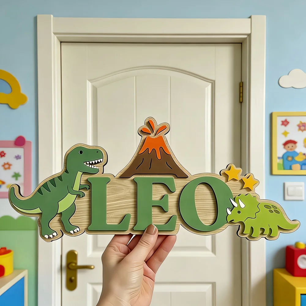 Wooden Double-Layer Custom Name Door Plaque, Dinosaur Volcano Cartoon Style, Room Bedroom Wall Hanging Decoration,Exclusive Gift