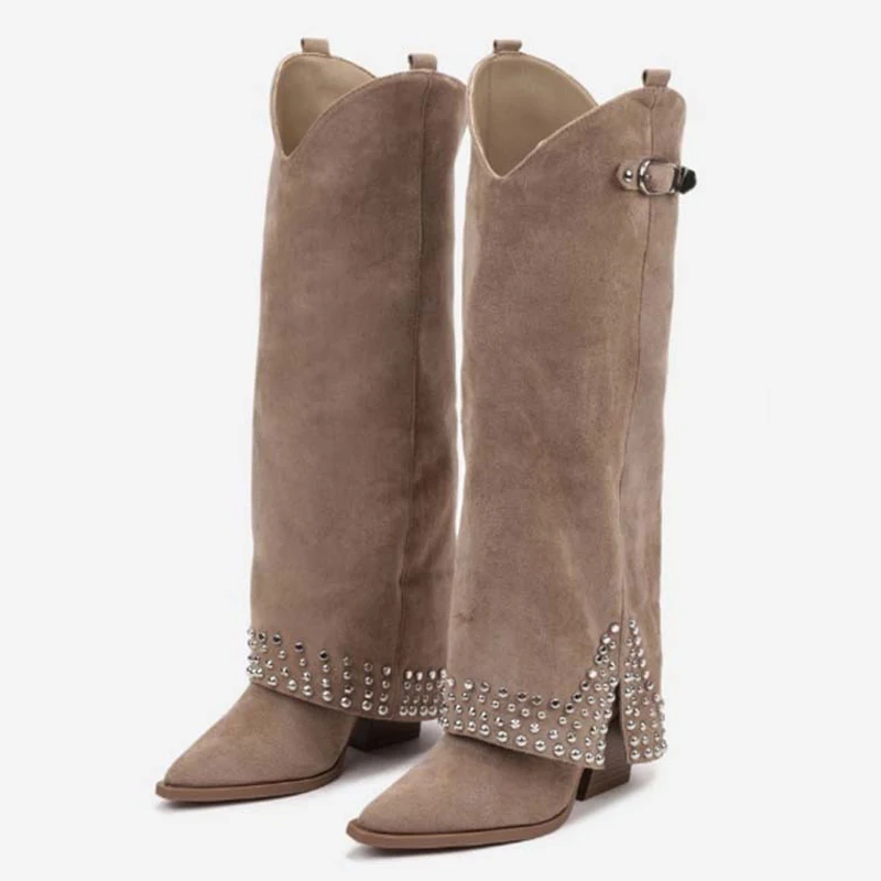 Vrouwen Metalen Studs Knie Hoge Laarzen Cowboy Overlay Lange Laarsjes Dames Western Stijl Chunky Sleehakken Suède Broek Schoenen