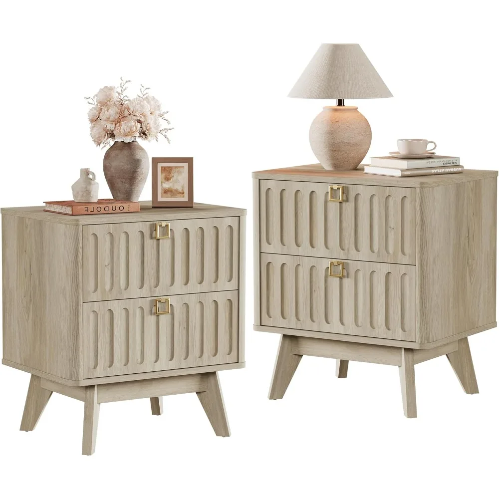 

Wide Nightstand Set of 2 with Drawers - Fluted Night Stand with Gold Handle Modern Bedside Tables with 2 Drawers Storage