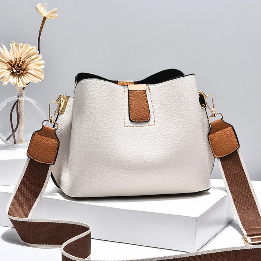 

Lychee Pattern Pu Leather Women's Crossbody Bag Summer Wide Shoulder Strap Shoulder Bag Design Handbag Phone Bucket Bag Commuter