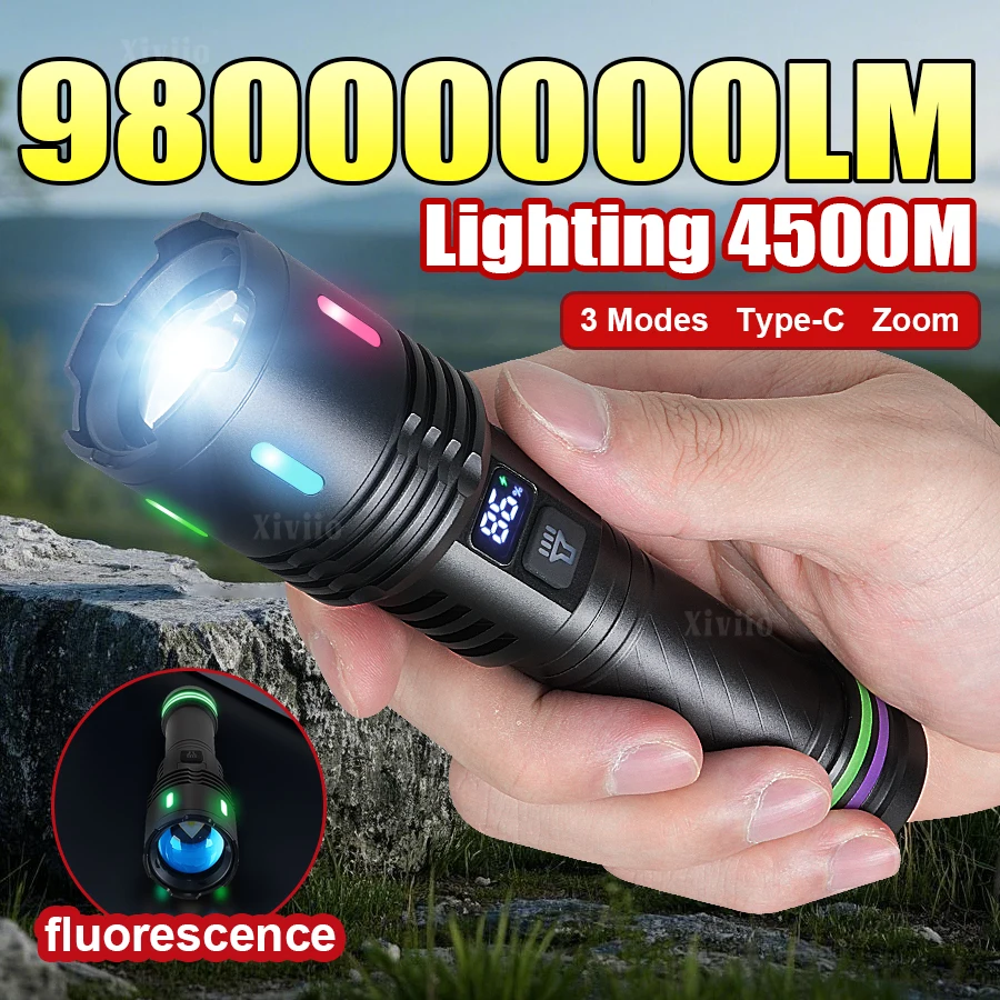 

Фонарик высокой мощности 98000000LM Супермощные фонари дальнего действия 4500M Тактический фонарик Открытый портативный фонарь Наружное освещение для кемпинга, пешего туризма, охоты
