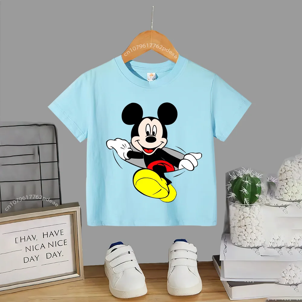 Teen 100% Cotton T-shirt Kids Disney's playful Mickey Street Simple Printed Crewneck Cotton T-shirt for Boys and girls Comfortab