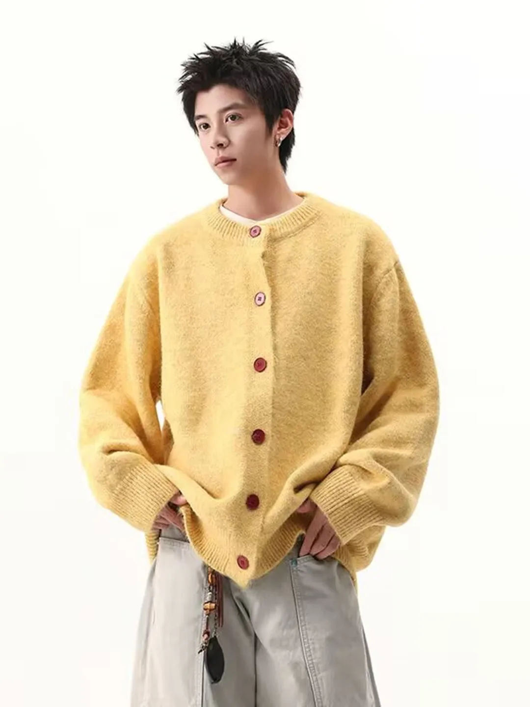 

Yellow Knitted Open Cardigan Sweater Men's Spring Autumn Loose Fit Comfortable Korean Sle Casual Long Sve round Ne