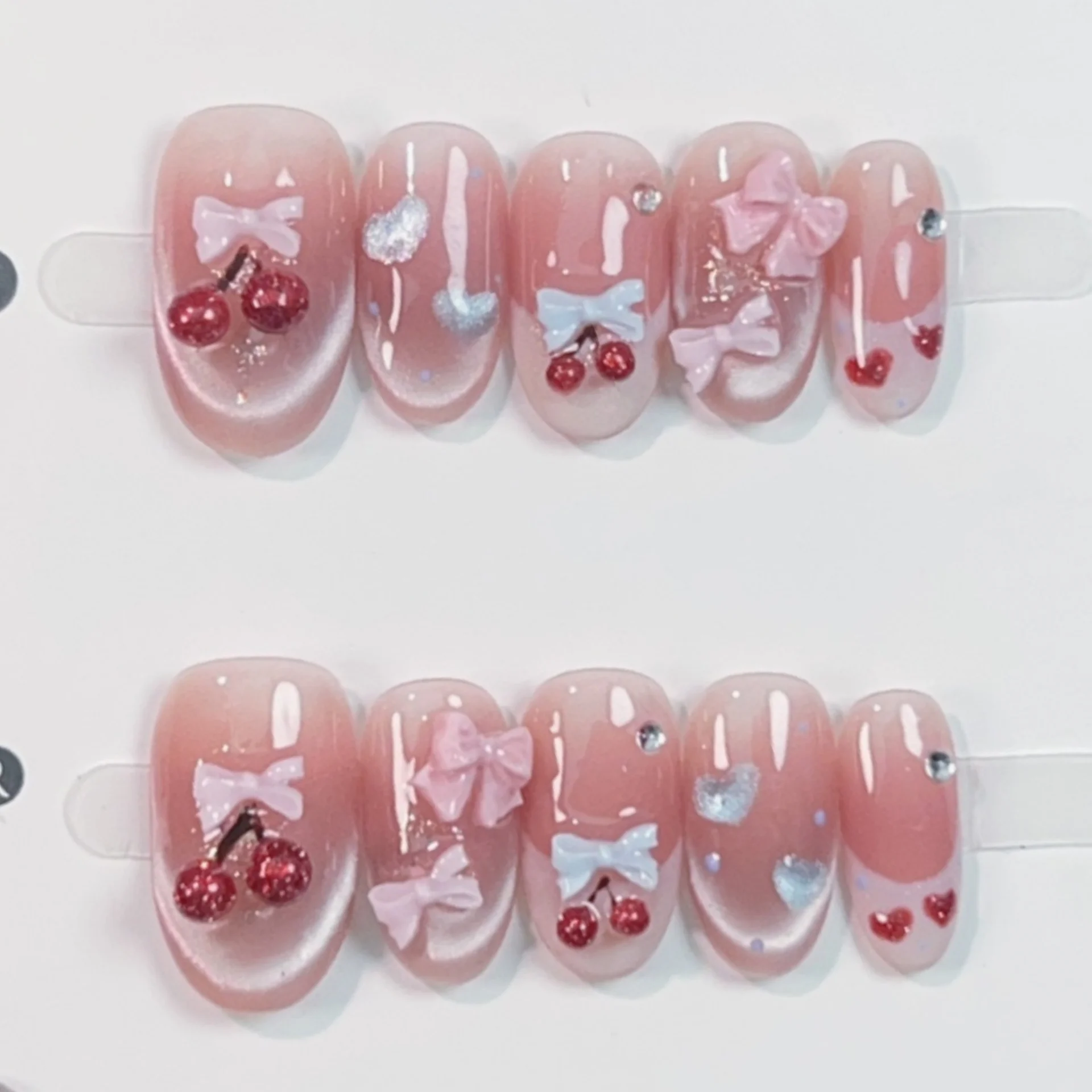 10 قطعة الوردي اليدوية رسومات أظافر صناعية عين القط الفرنسية قصيرة البيضاوي وهمية مسمار نصائح القوس الكرز تصميم اضغط على الأظافر مجموعات قابلة لإعادة الاستخدام #3