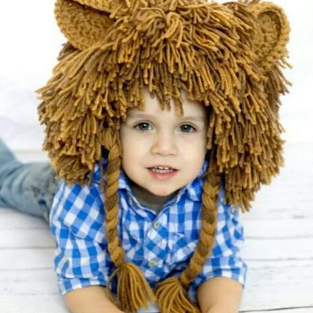 Autumn Winter Children Lion Hat Boys Girls Handmade Knitting Wool Wigs Hat Baby Kids Lion Head Hat Baby Funny Halloween Gift