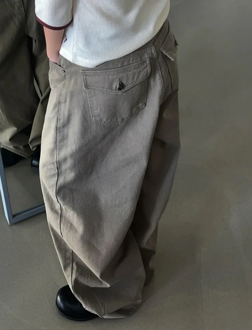 SuperAen Solid Color Army Green Retro Loose Pants Autumn and Winter New High Street Full Length Wide-leg Pants