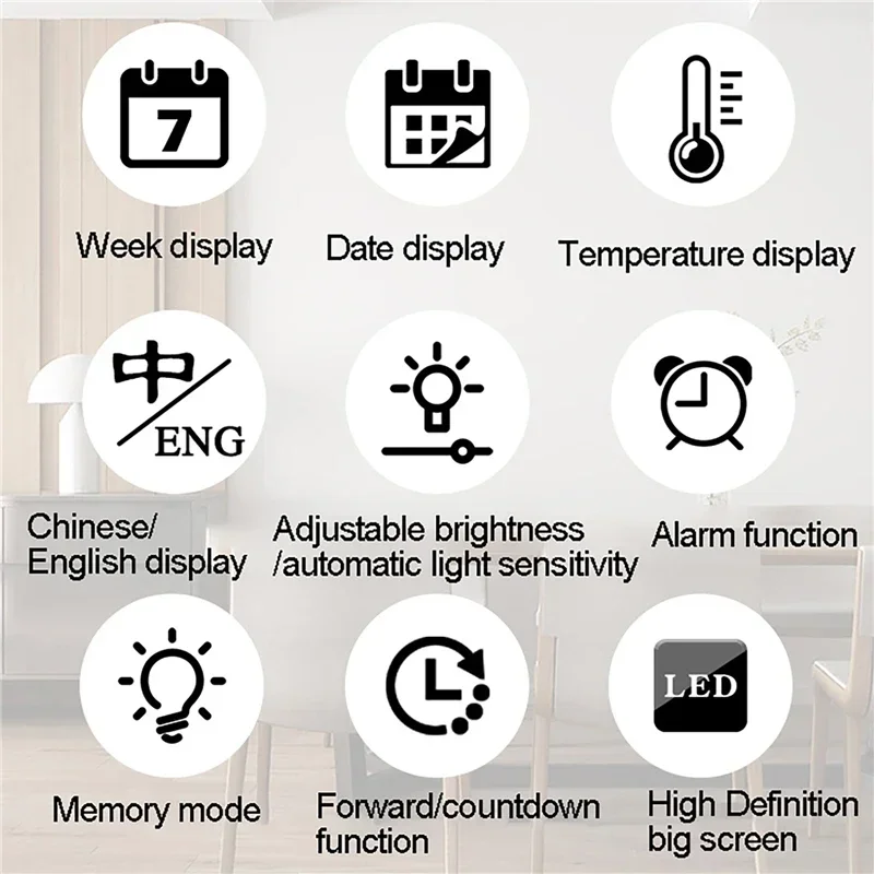 Imagem -06 - Grande Relógio de Parede Digital Controle Remoto Brilho Inteligente Temp Data Power Off Relógio de Mesa de Memória Plug-in Usar Relógio Eletrônico