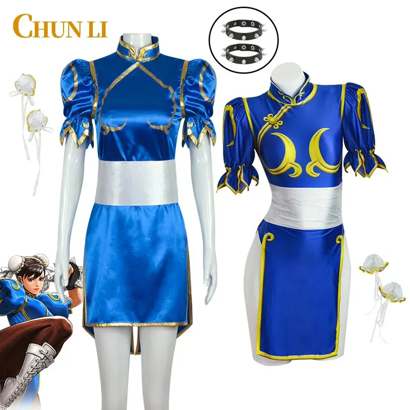 

Игра Chun Li Косплей Костюм SF Chunli Ролевая Игра Синий Ципао Экипировка Полный Комплект Джеки Кунг-фу Хэллоуин Вечеринка Костюм Для Развлечения
