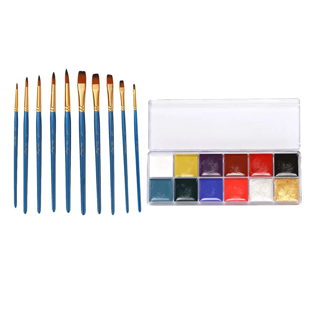 12 Non- Oil Based Cosmetics with 10pcs Painting Brush for Christmas Party Fancy Dress Makeup