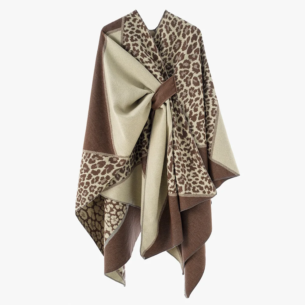 New Thick Luxury Leopard Print Patchwork Poncho Shawl Spring Fall Winter Warm Cape Outerwear Women Fashion Accessory Long Wraps