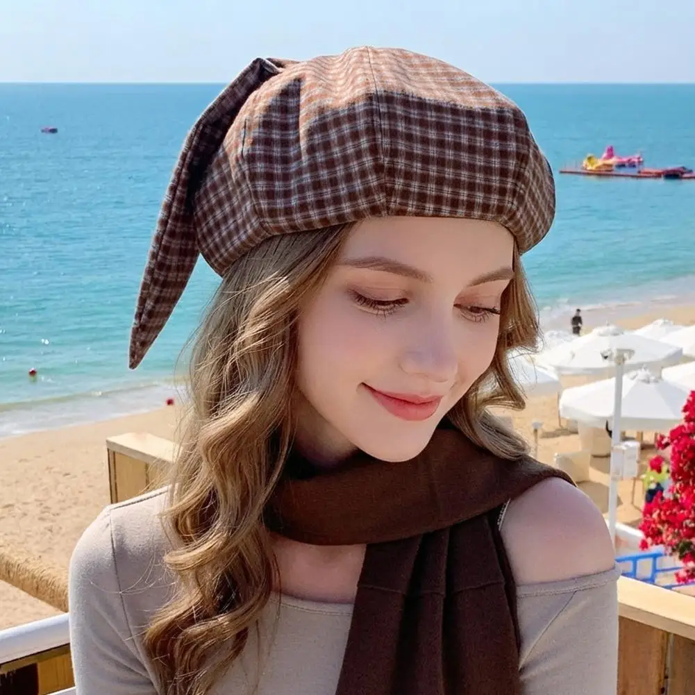 Retro Plaid Beret Hat British Fashion Hat Rabbit Ears Beret Hat Summer Trend Version Polyester Women Artist Hat Girls