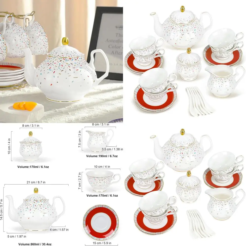 

Colorful 21-Piece British Porcelain Tea Set, 6 Cups and Saucers, Rainbow Sprinkle Sugar Pattern, Perfect for Parties, Birthdays,