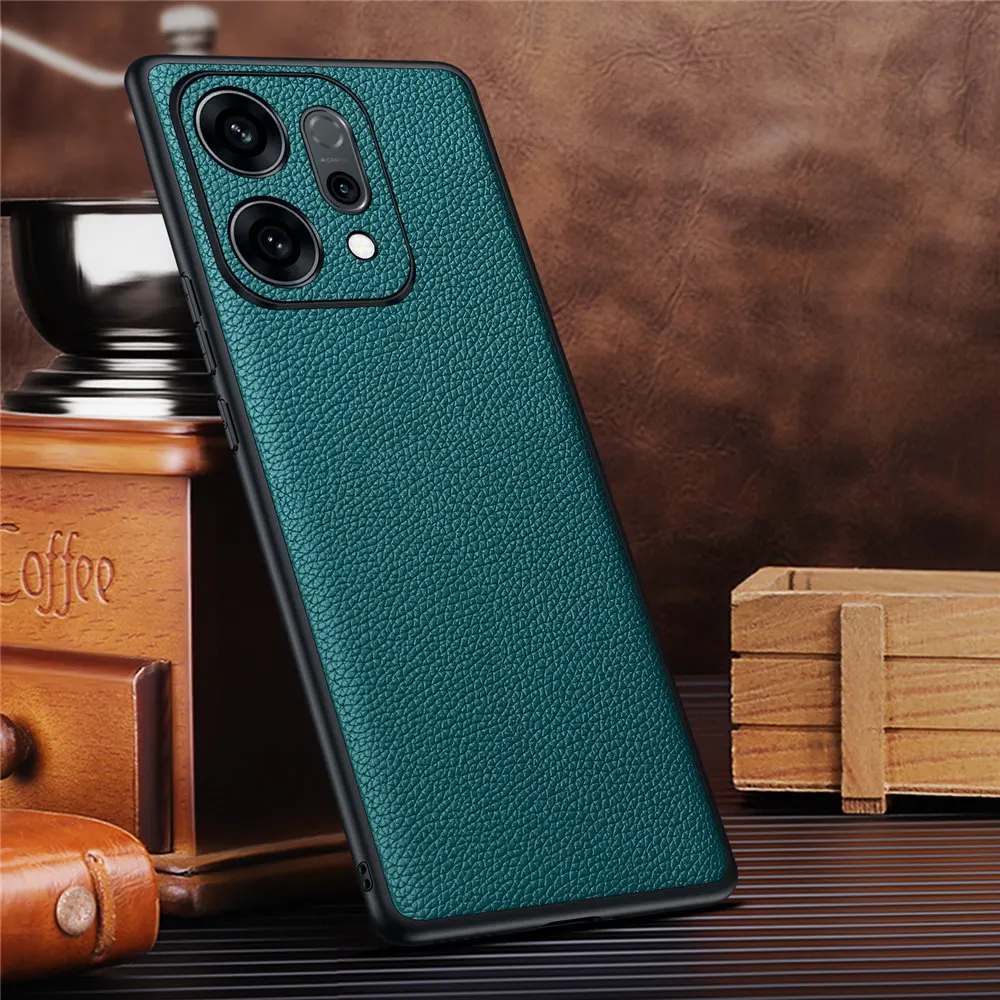 

Genuine Cowhide Leather Litchi Case for OPPO Reno 14 Pro 14 Matte Business Cover