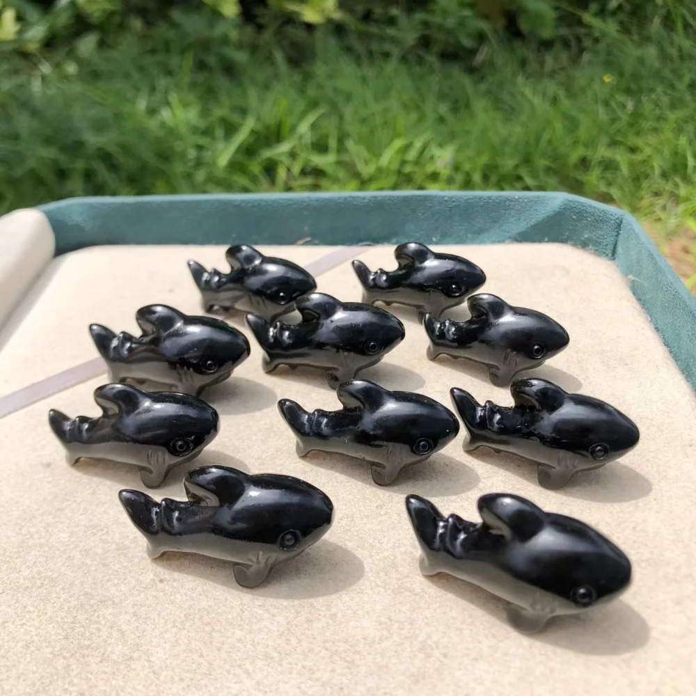 3pcs Set Natural Black Obsidian Shark Quartz Stones - Healing Polished Mineral Ornaments for Home Decoration & Gift