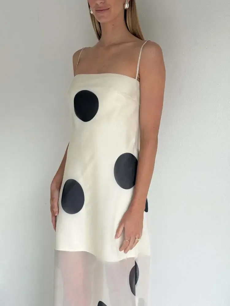 Polka dot impresso dupla camada feminina maxi vestido sexy ver através de malha vestido de verão magro elegante festa vestido de noite