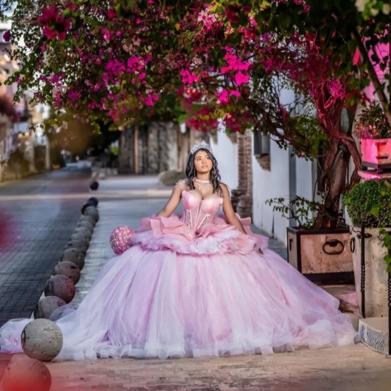 

Pink Quinceanera Dresses Off the Shoulder Crystal Lace Layering Decal Long tail Bow Vestidoe 15 Quinceanera Customize