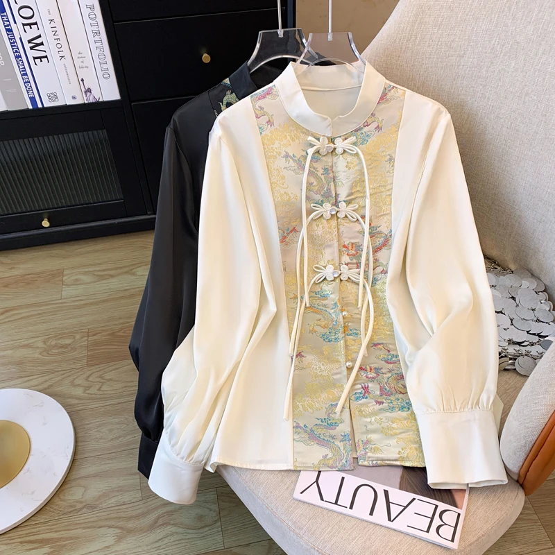 Satin Chinese Style Women\'s Shirt Loose Print Blouses Fashion Spliced Clothing Long Sleeves Spring/Summer Women Tops