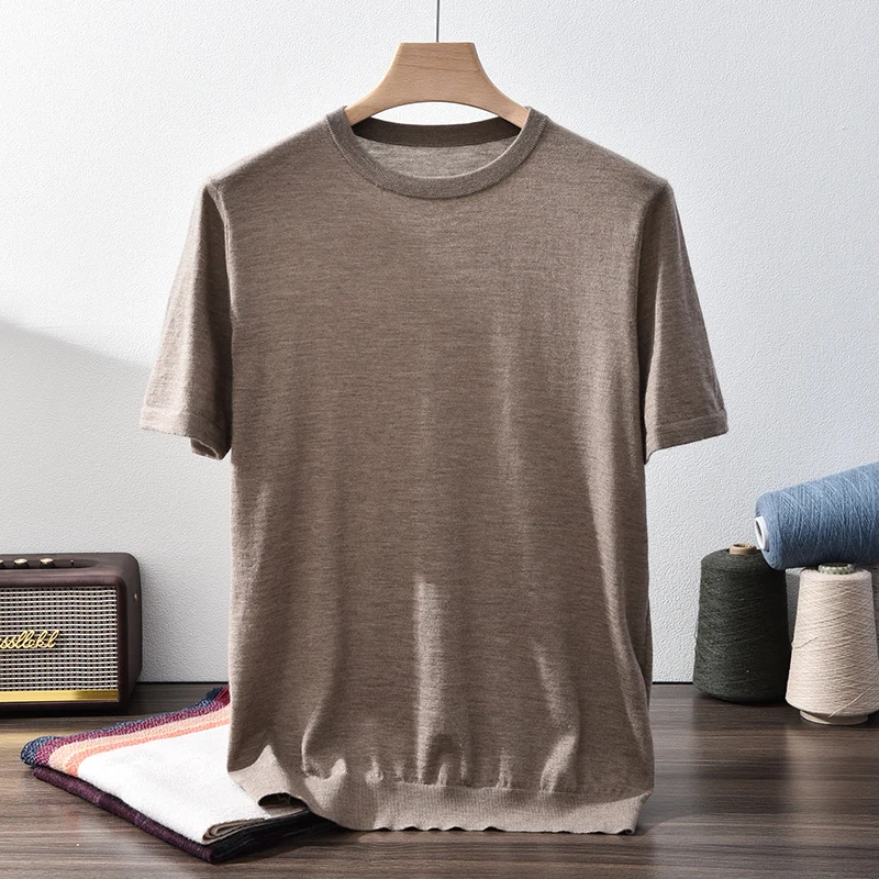 High quality 100% pure spun cashmere men's T-shirt casual solid color knitted pullover short sleeved round neck Tees basic Tops