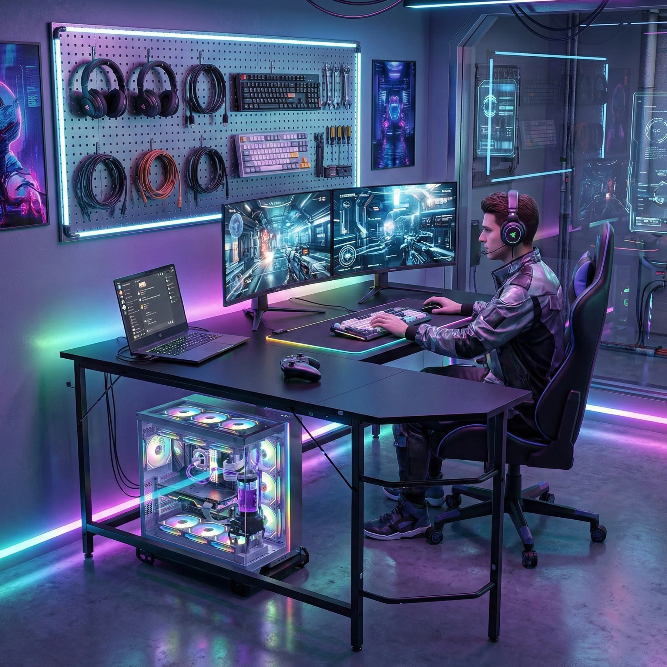 JHK 66 Inch L Shaped Corner Computer Desk Gaming Office Table Iron Hook CPU Stand Home Study Writing Workstation