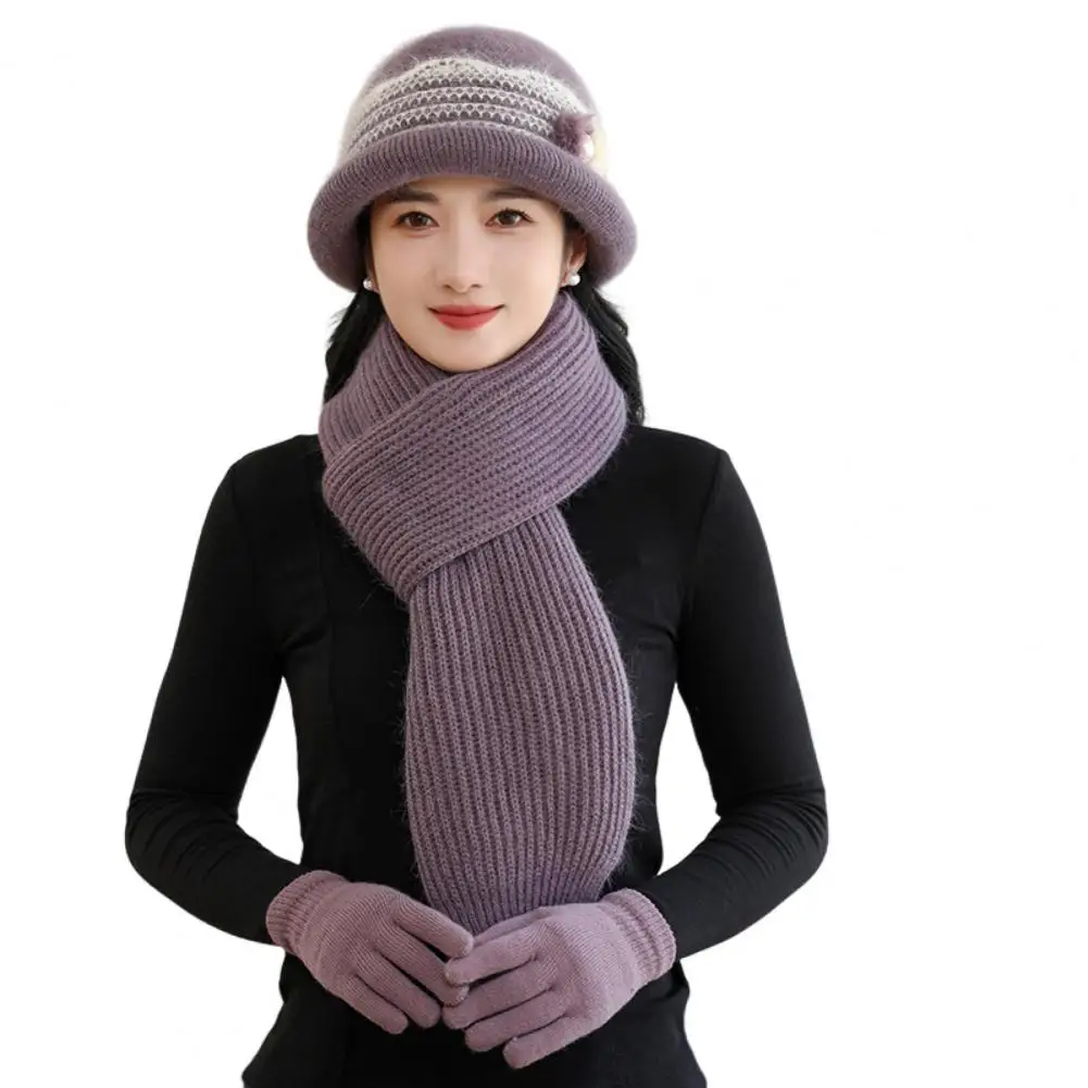 

Women Winter Hat Set Mid-aged Women Winter Beanie Scarf Gloves Set Thick Knitted Warm Cap Elastic Ear Protection Windproof