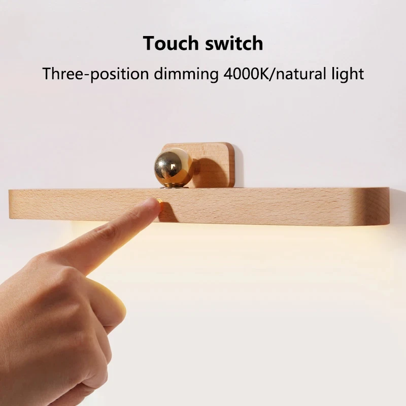 Luz LED de relleno frontal de espejo de madera, lámpara de pared magnética recargable, giratoria de 4000 °, 360 K, para armario, dormitorio