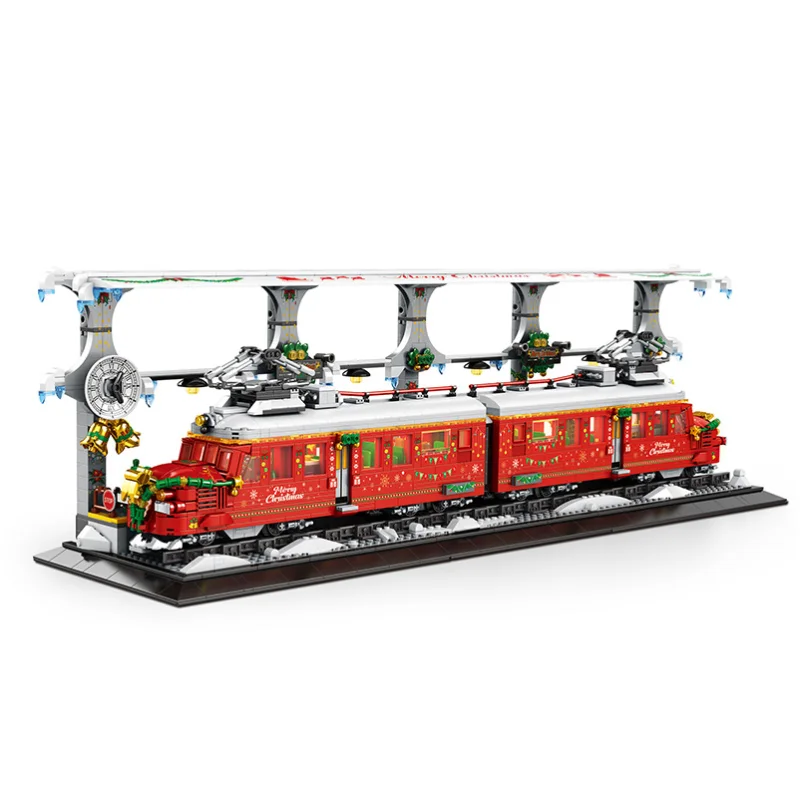 Christmas Red Train Model Blocks MOC 66034 Urban Railway Track Buliding Railroad Stopping Station Bricks Ideas Toy Kit for Gift