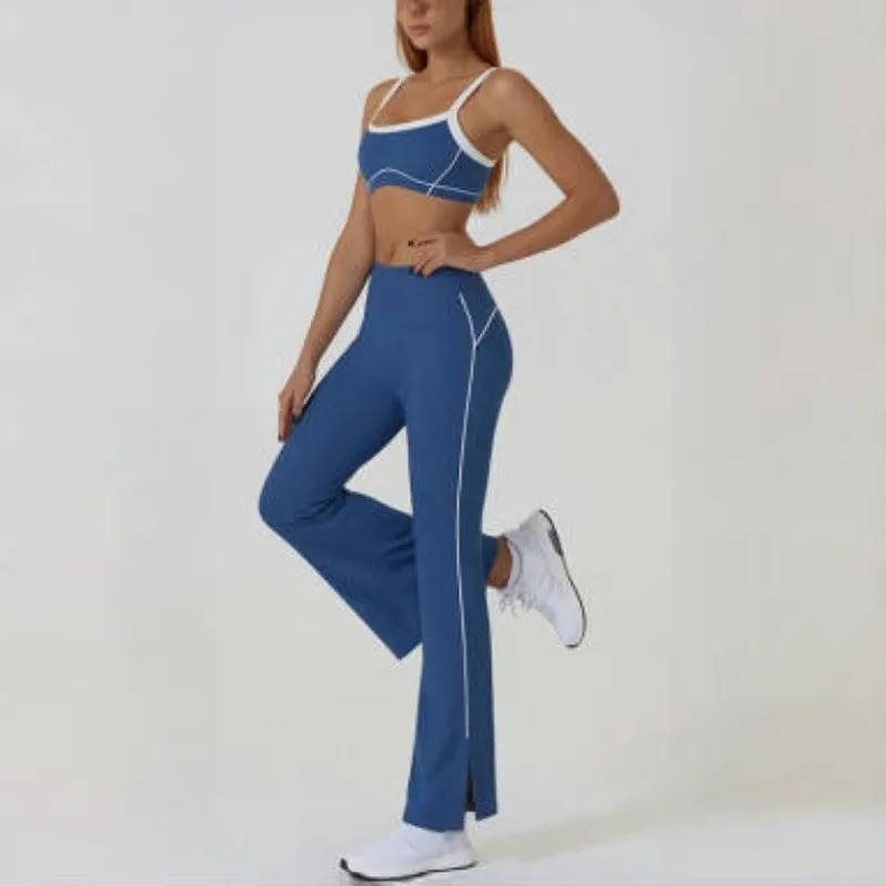 

Women's Yoga Set with Nude Contrasting Color Bra Paired with Line Flared Pants Outdoor Sports Running and Fitness Clothing