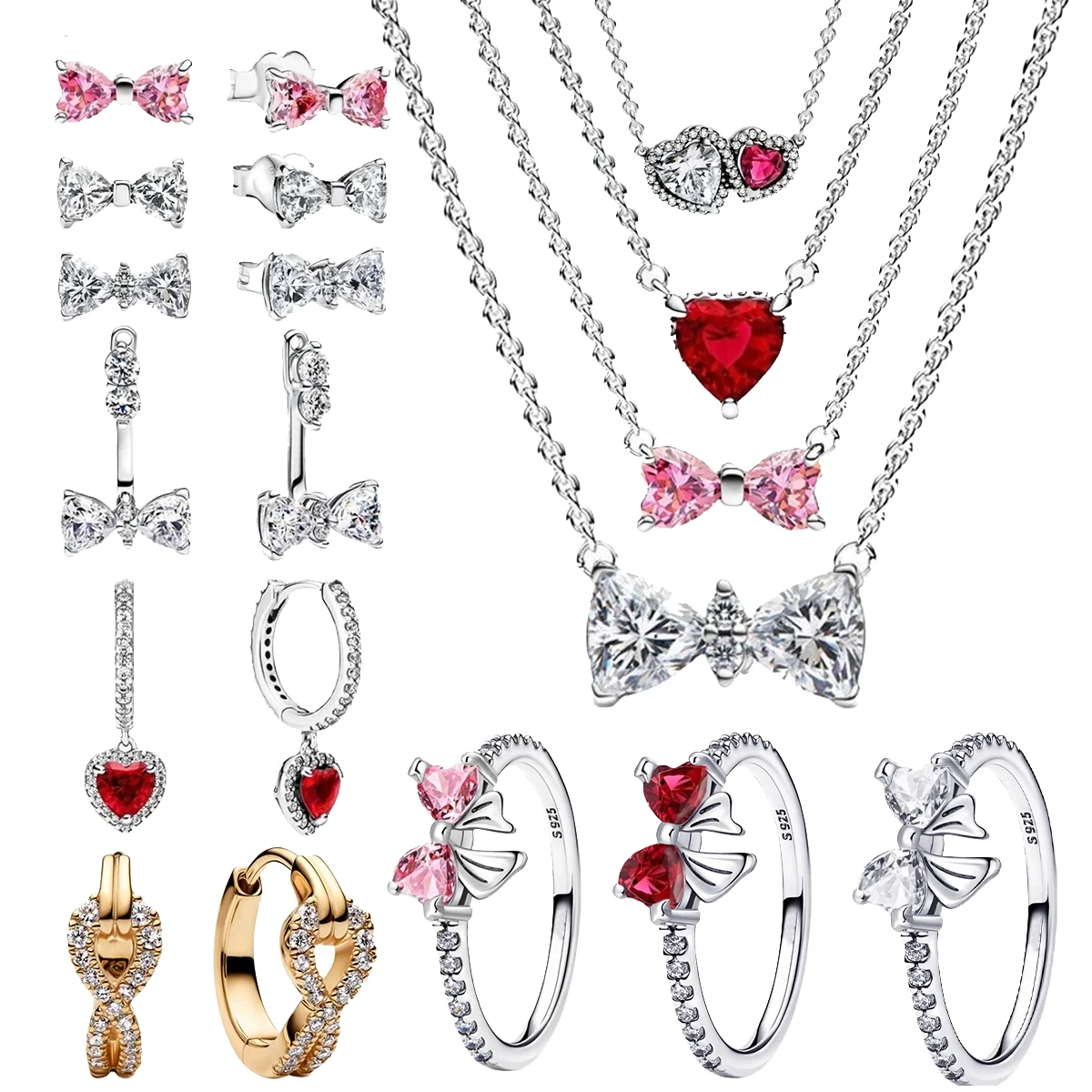 الملونة ربطة القوس فيونكة القلب مجموعة حلقة أقراط قلادة 925 فضة الزركون الساطع الدائري الأصلي DIY بها بنفسك النساء غرامة مجوهرات هدية #1