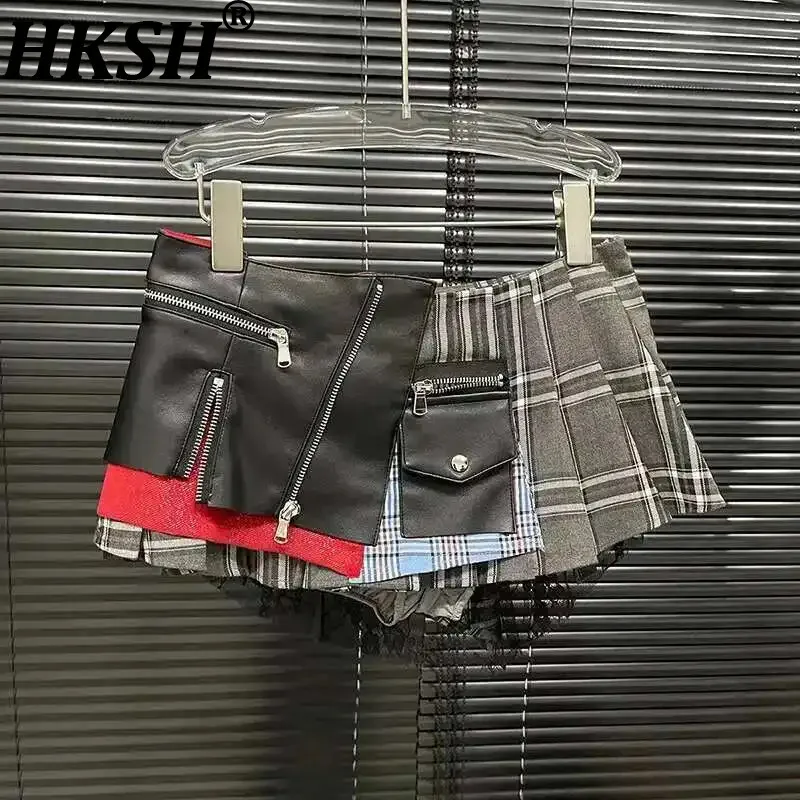 

HKSH 2025 Summer New Women Skirt Patchwork Plaid Asymmetric Design Pleated Zipper Pocket Lace Streetwear Y2K Mini Skirts 29L7565