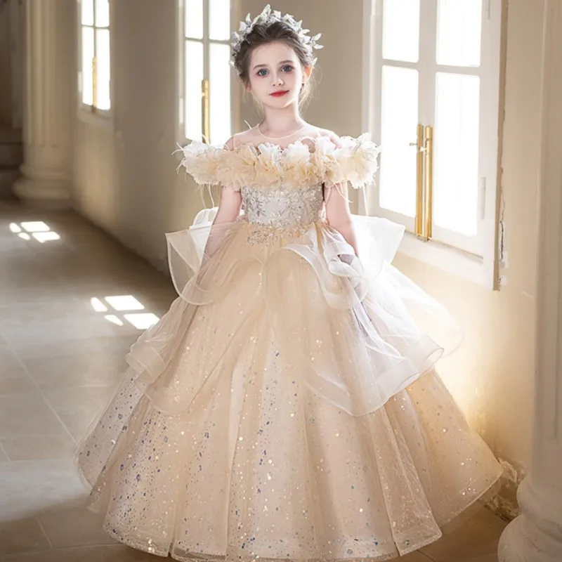 

Детское вечернее платье, новинка 2023 года, летнее свадебное платье, платье принцессы на день рождения для девочек с круглым вырезом, платье для выступлений на фортепиано LI856