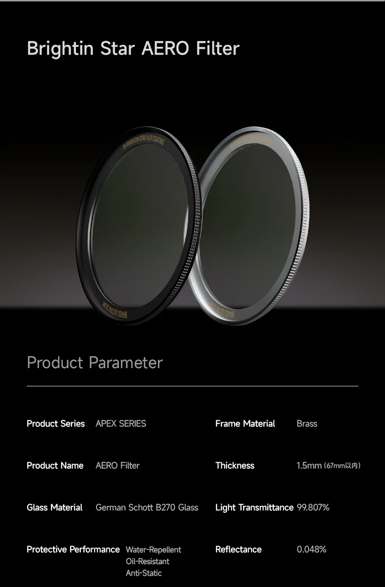 Brightin Star AERO UV-Filter, Schott B270 Glas, Ultra-Slim Messingrahmen, 28-lagige Nano-Beschichtung, wasserabweisend für Kameraobjektive – Detail 28