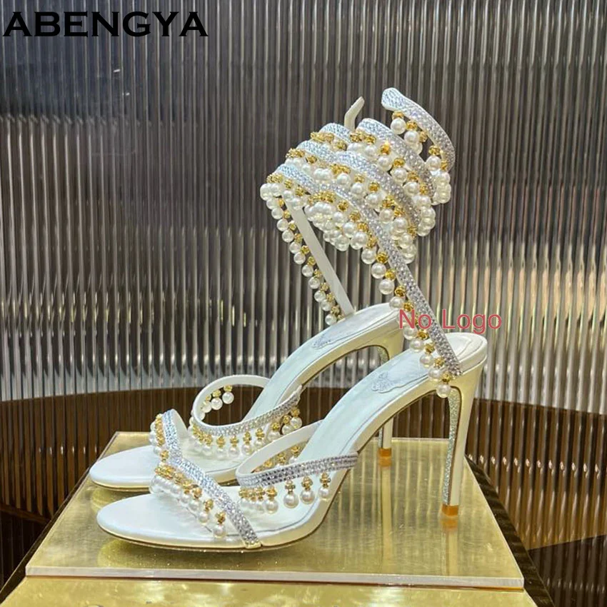 

New Crystal Pearl Tassels High Heels Sandals Women Snake Ankle Strap Party Shoes For Women Summer Gladiator Sandals Woman 2025