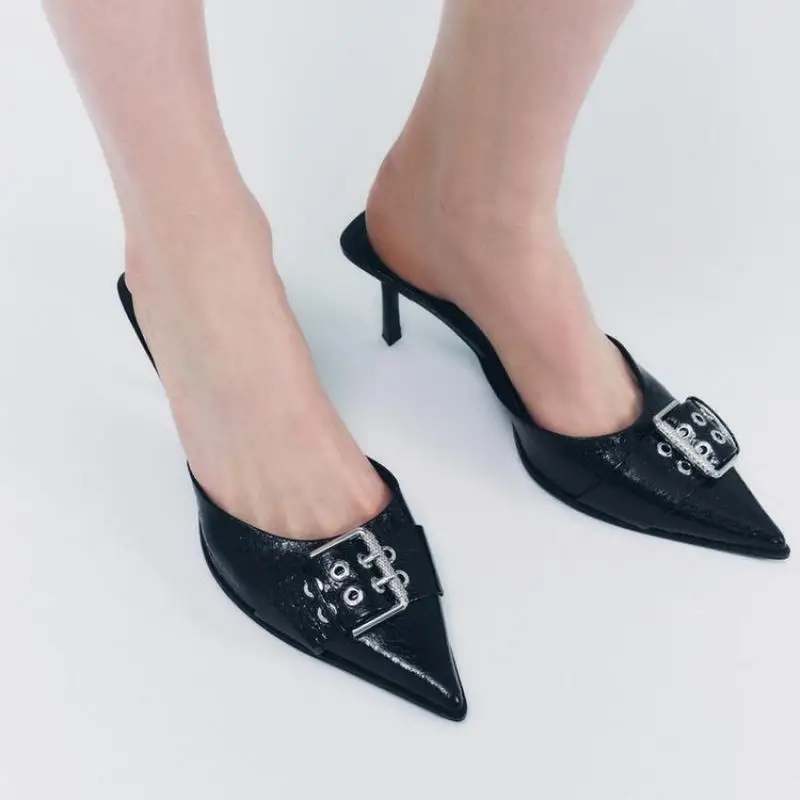 

2024 Spring and Summer New Pointed Temperament High Heel Half Drag Buckle Black Bag Head Sexy Thin Heel Cool Slippers