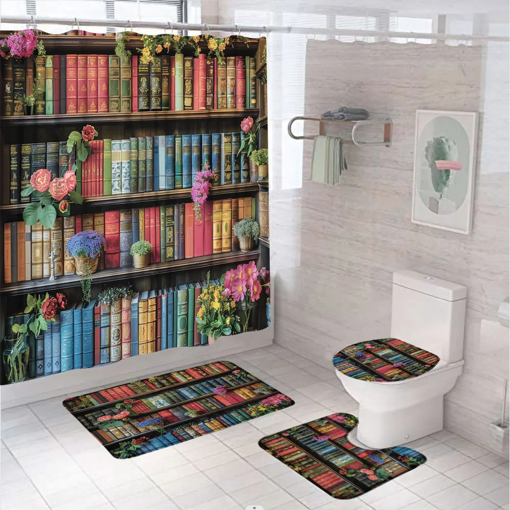 Bookshelf Floral Potted Plant Shower Curtain Set with Rug Toilet Cover Bath Mat Retro Book Floral Bathroom Curtains Accessories